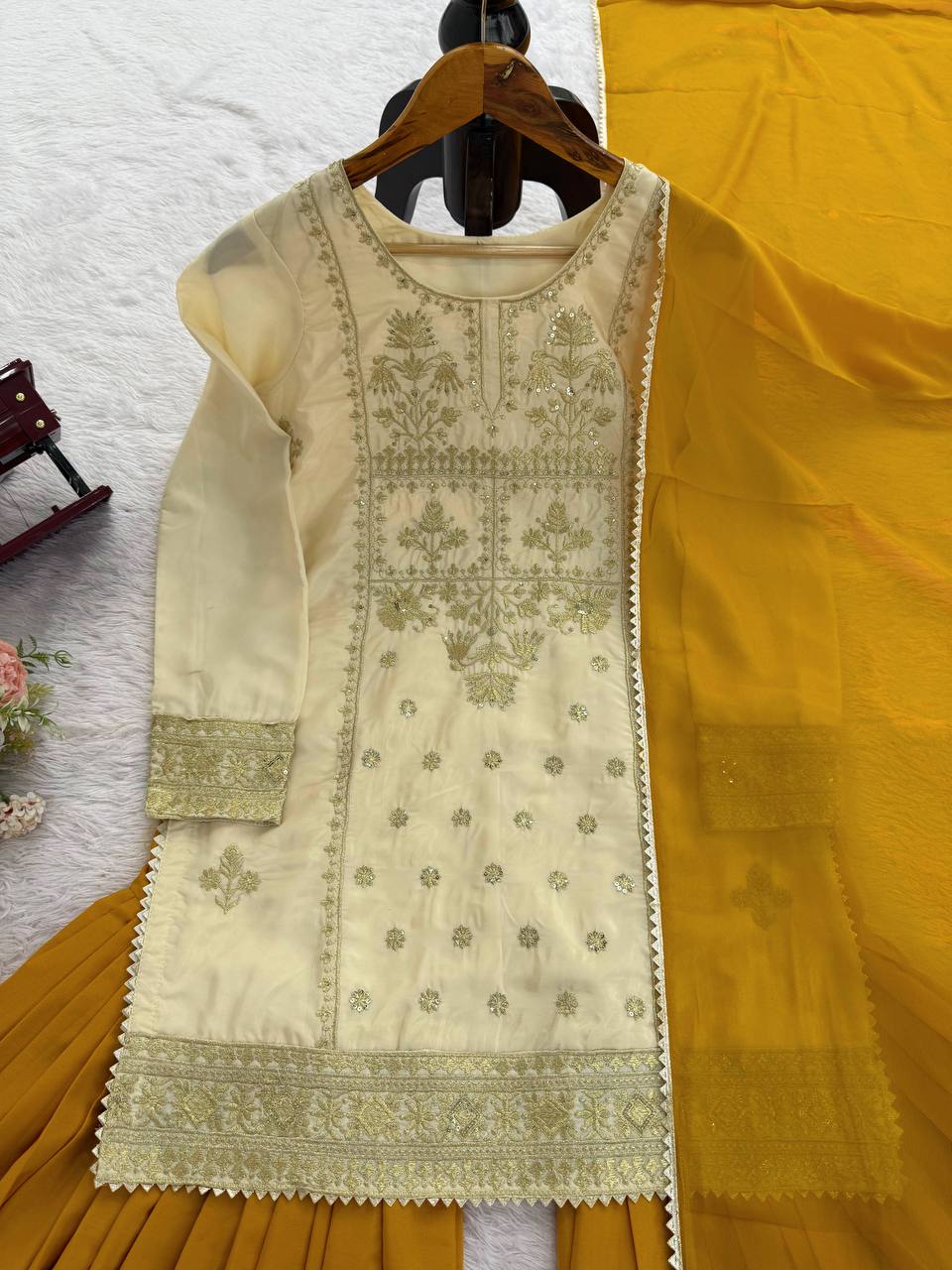 Prazu Fashion Off White Crepe Thread Sequin Sharara Suit - Distacart