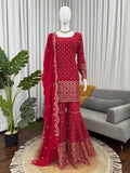 Prazu Fashion Red Georgette Thread Sequin Sharara Suit - Distacart