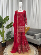 Prazu Fashion Red Georgette Thread Sequin Sharara Suit - Distacart