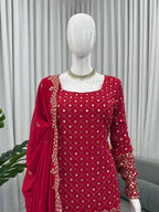 Prazu Fashion Red Georgette Thread Sequin Sharara Suit - Distacart