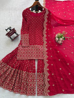 Prazu Fashion Red Georgette Thread Sequin Sharara Suit - Distacart