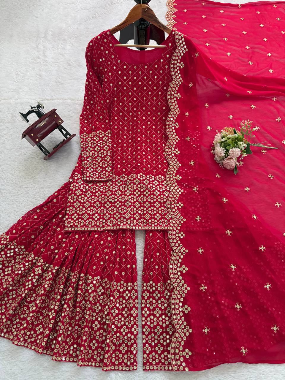 Prazu Fashion Red Georgette Thread Sequin Sharara Suit - Distacart