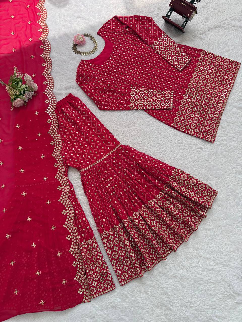 Prazu Fashion Red Georgette Thread Sequin Sharara Suit - Distacart