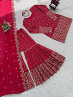 Prazu Fashion Red Georgette Thread Sequin Sharara Suit - Distacart
