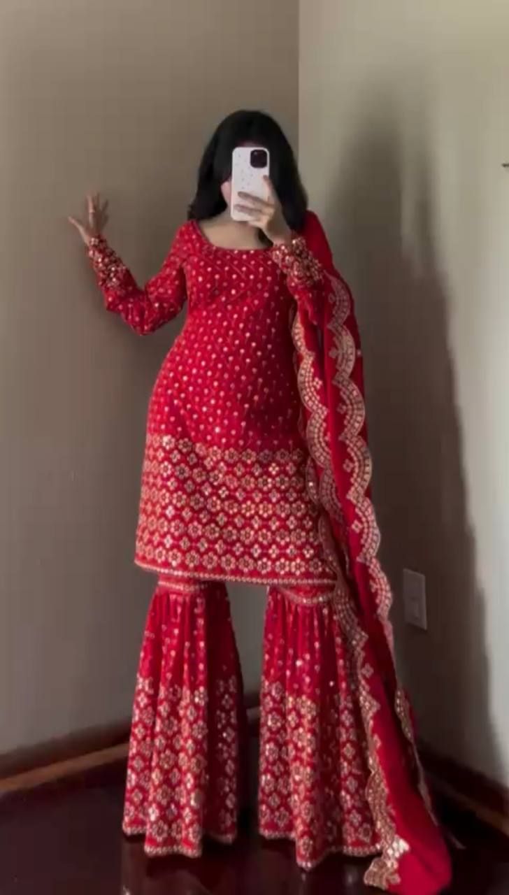 Prazu Fashion Red Georgette Thread Sequin Sharara Suit - Distacart