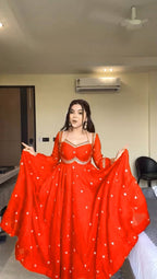 Prazu Fashion Red Georgette Thread Sequin Anarkali Suit - Distacart