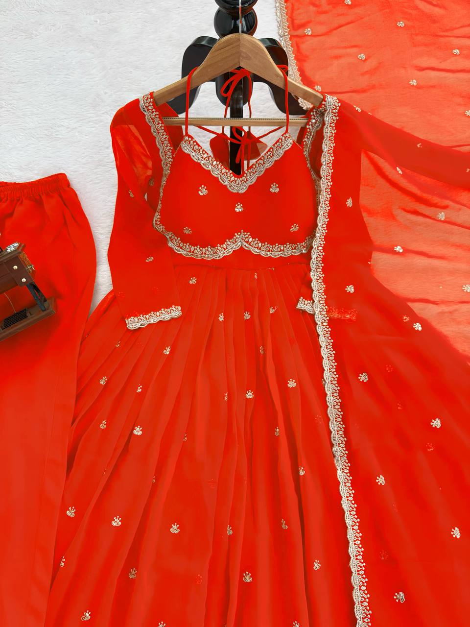 Prazu Fashion Red Georgette Thread Sequin Anarkali Suit - Distacart