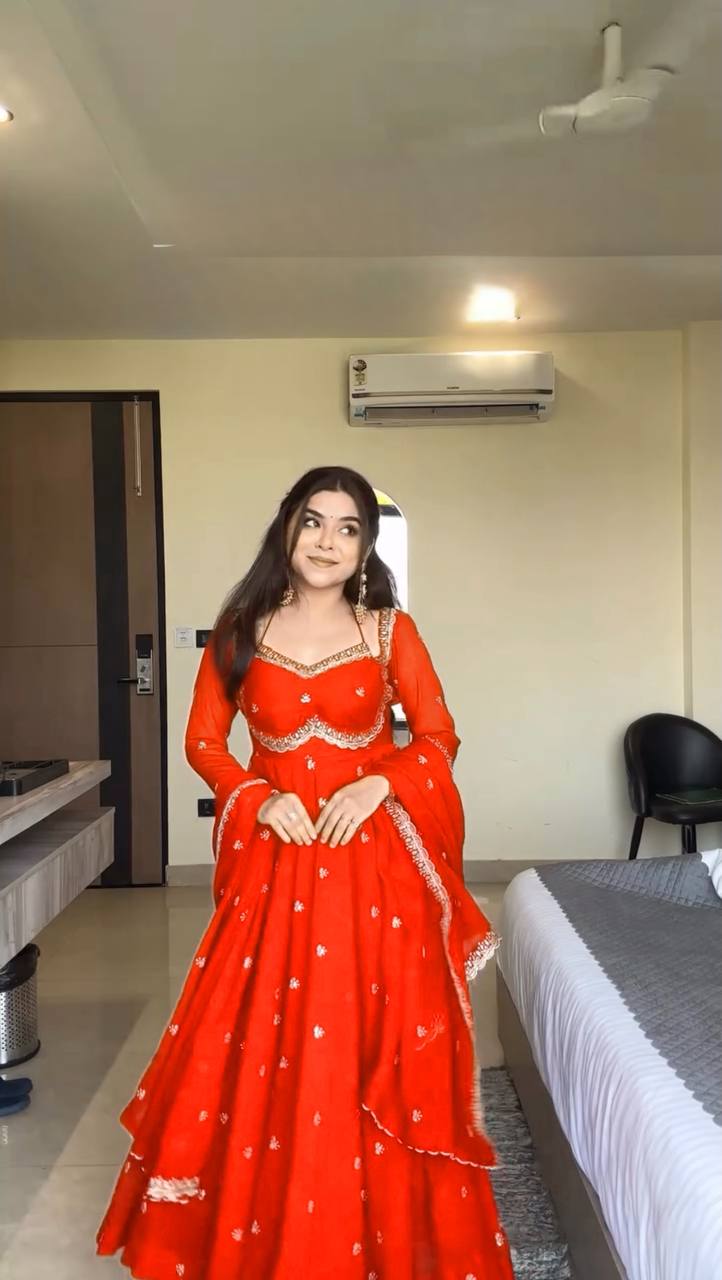 Prazu Fashion Red Georgette Thread Sequin Anarkali Suit - Distacart