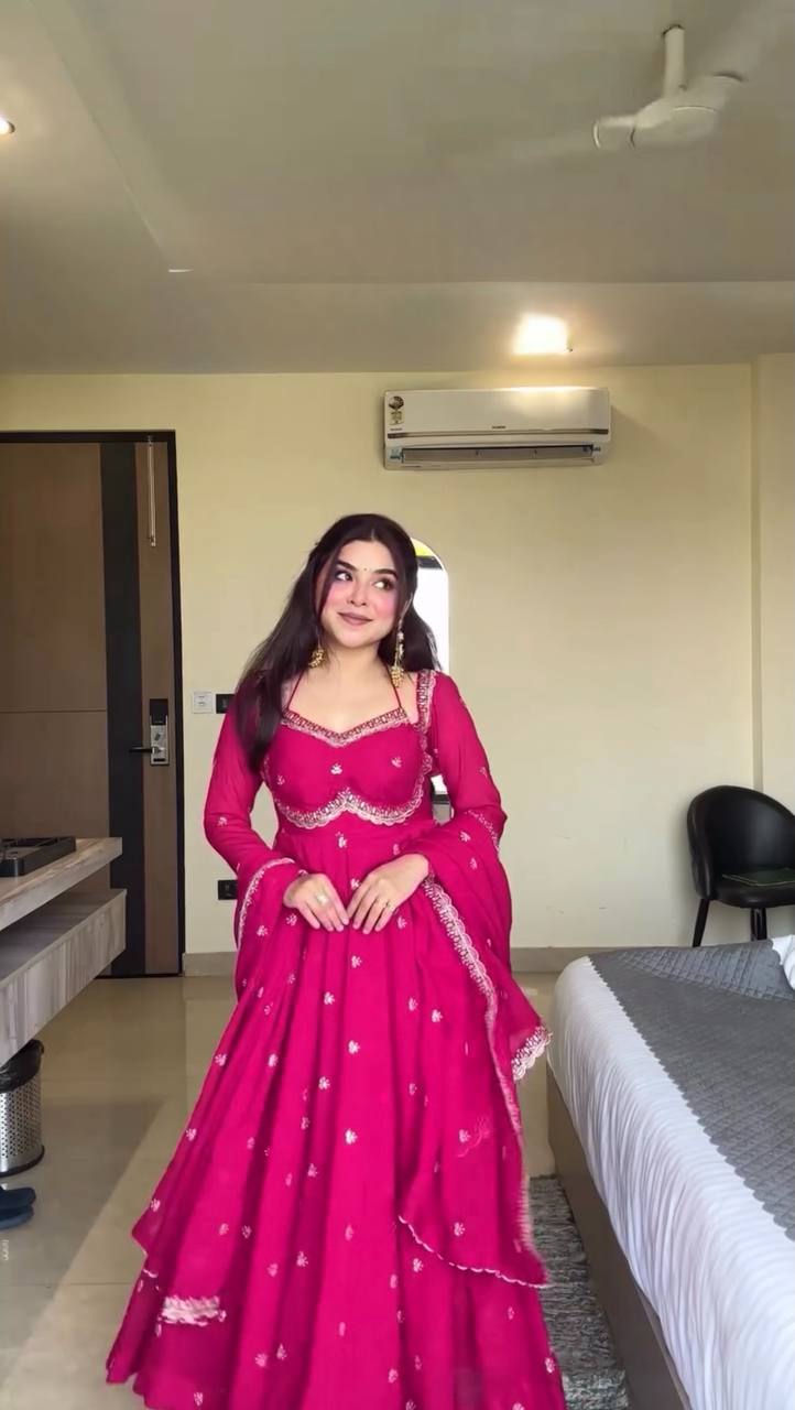 Prazu Fashion Pink Georgette Thread Sequin Anarkali Suit - Distacart