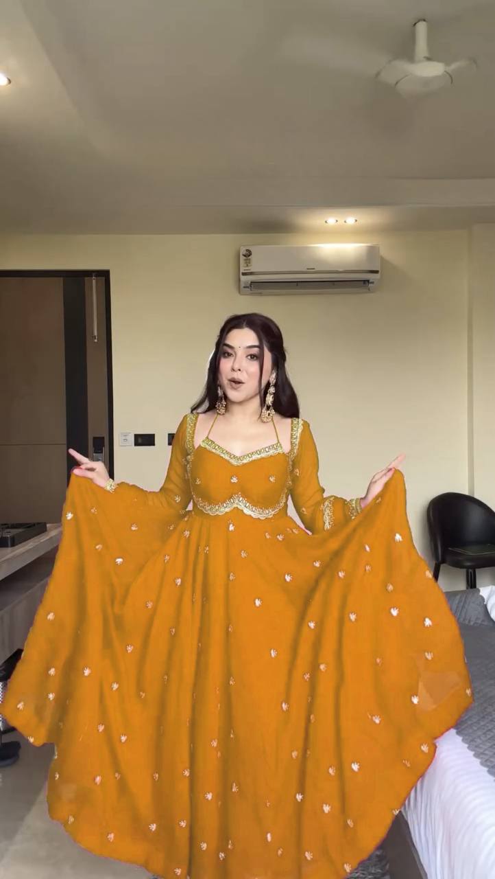 Prazu Fashion Yellow Georgette Thread Sequence Anarkali Suit - Distacart