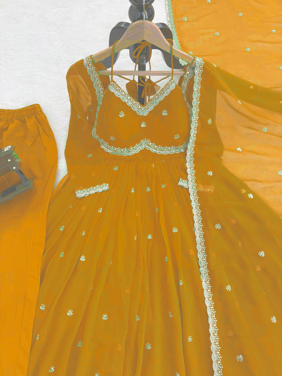 Prazu Fashion Yellow Georgette Thread Sequence Anarkali Suit - Distacart