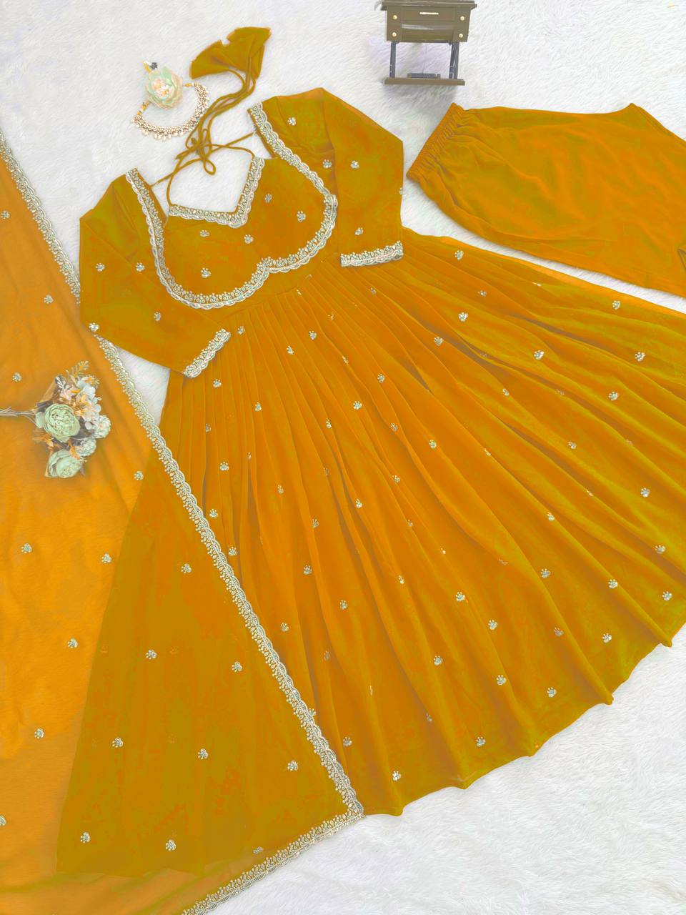 Prazu Fashion Yellow Georgette Thread Sequence Anarkali Suit - Distacart