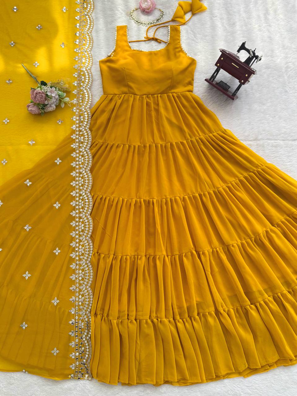 Prazu Fashion Yellow Georgette Designer Anarkali Suit - Distacart