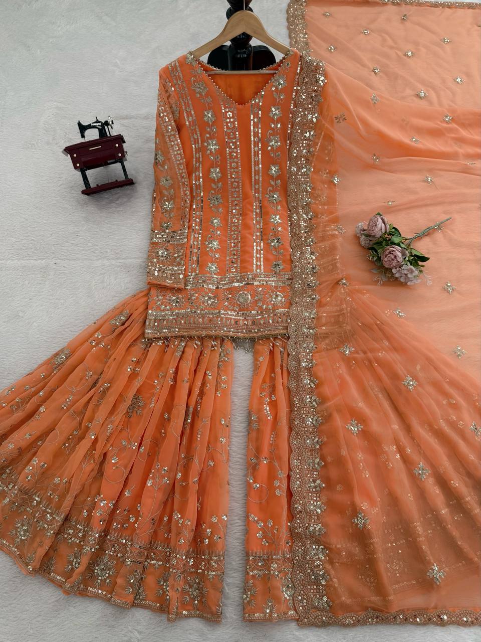 Prazu Fashion Orange Georgette Thread Sequin Sharara Suit - Distacart
