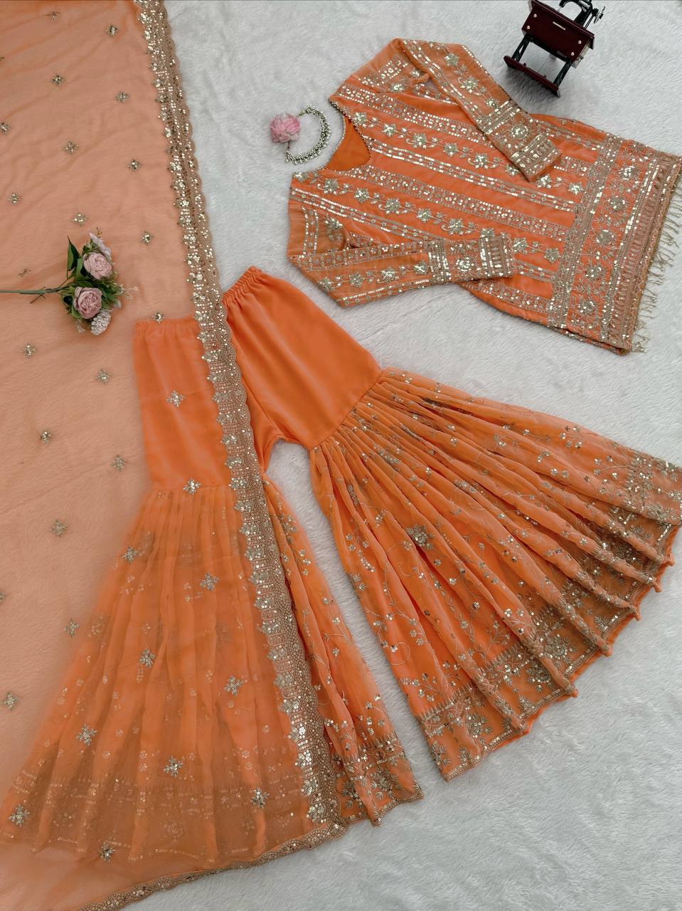 Prazu Fashion Orange Georgette Thread Sequin Sharara Suit - Distacart