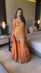 Prazu Fashion Orange Georgette Thread Sequin Sharara Suit - Distacart