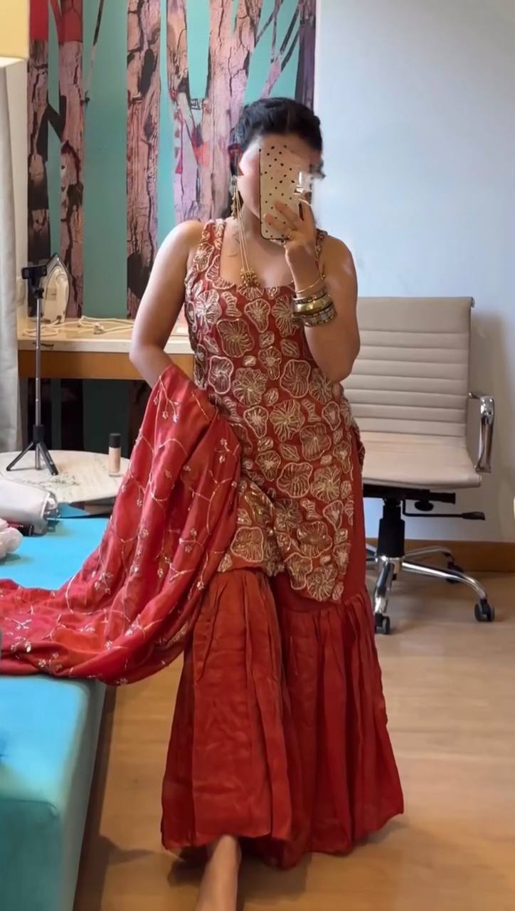 Prazu Fashion Maroon Simmer Silk Thread Sequin Sharara Suit - Distacart