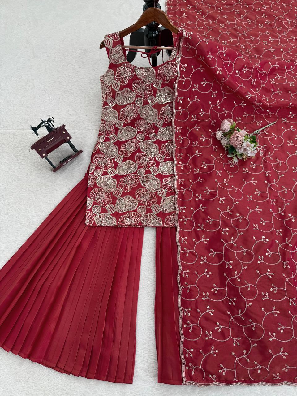 Prazu Fashion Maroon Simmer Silk Thread Sequin Sharara Suit - Distacart