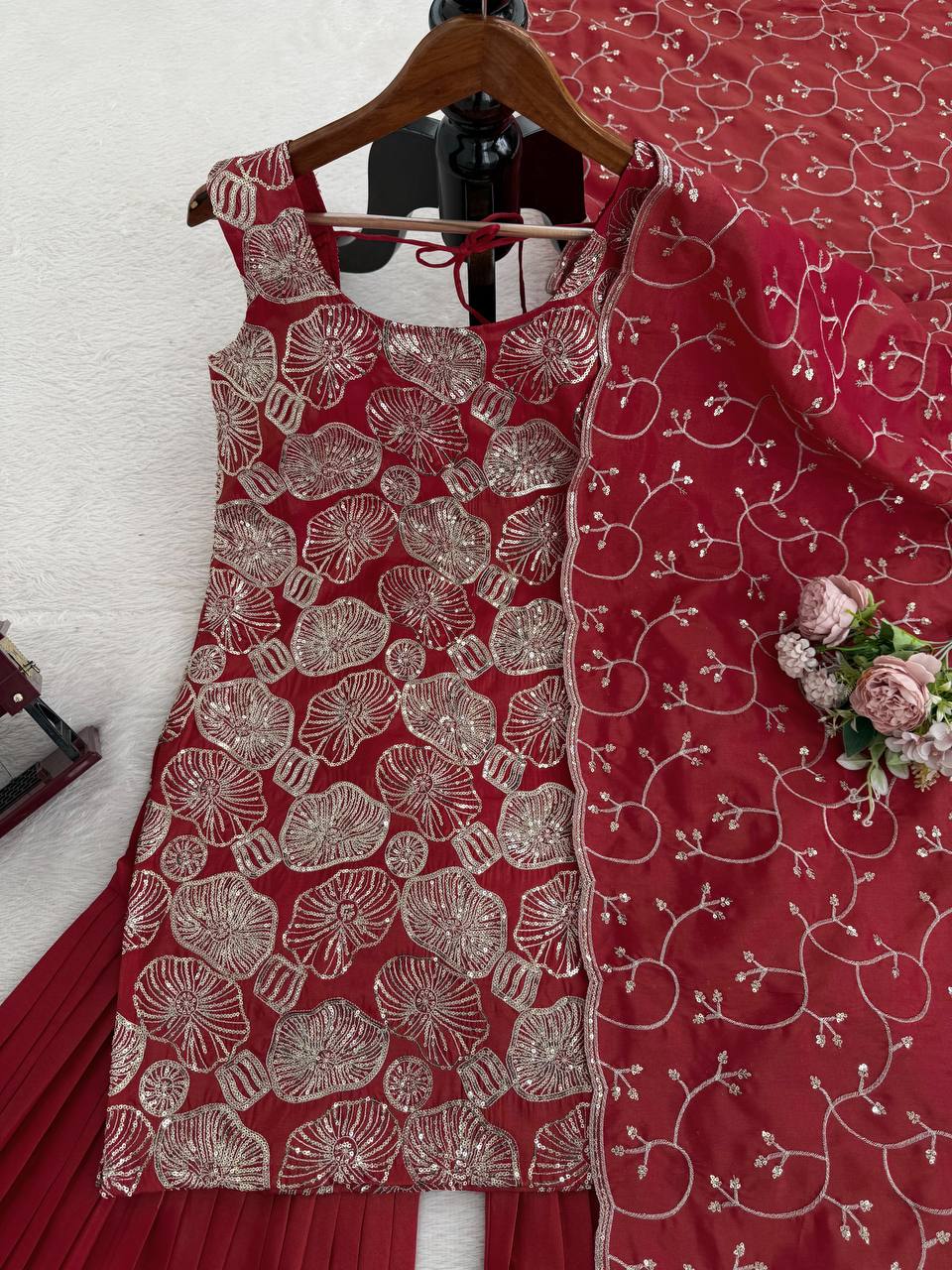 Prazu Fashion Maroon Simmer Silk Thread Sequin Sharara Suit - Distacart