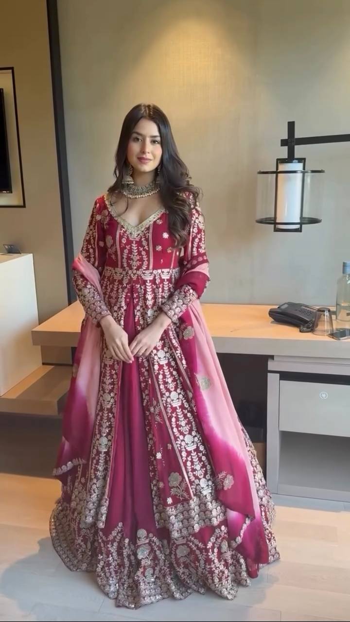 Prazu Fashion Maroon Georgette Thread Sequin Lehenga Style Suit - Distacart