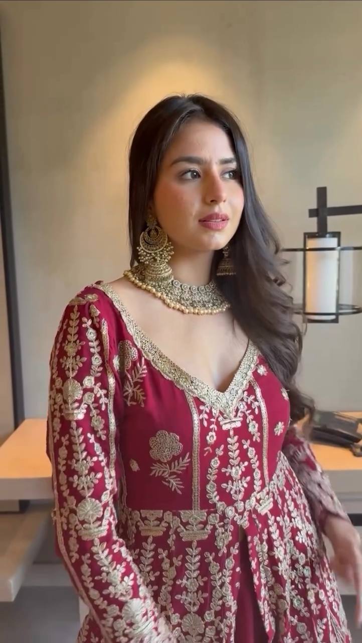 Prazu Fashion Maroon Georgette Thread Sequin Lehenga Style Suit - Distacart