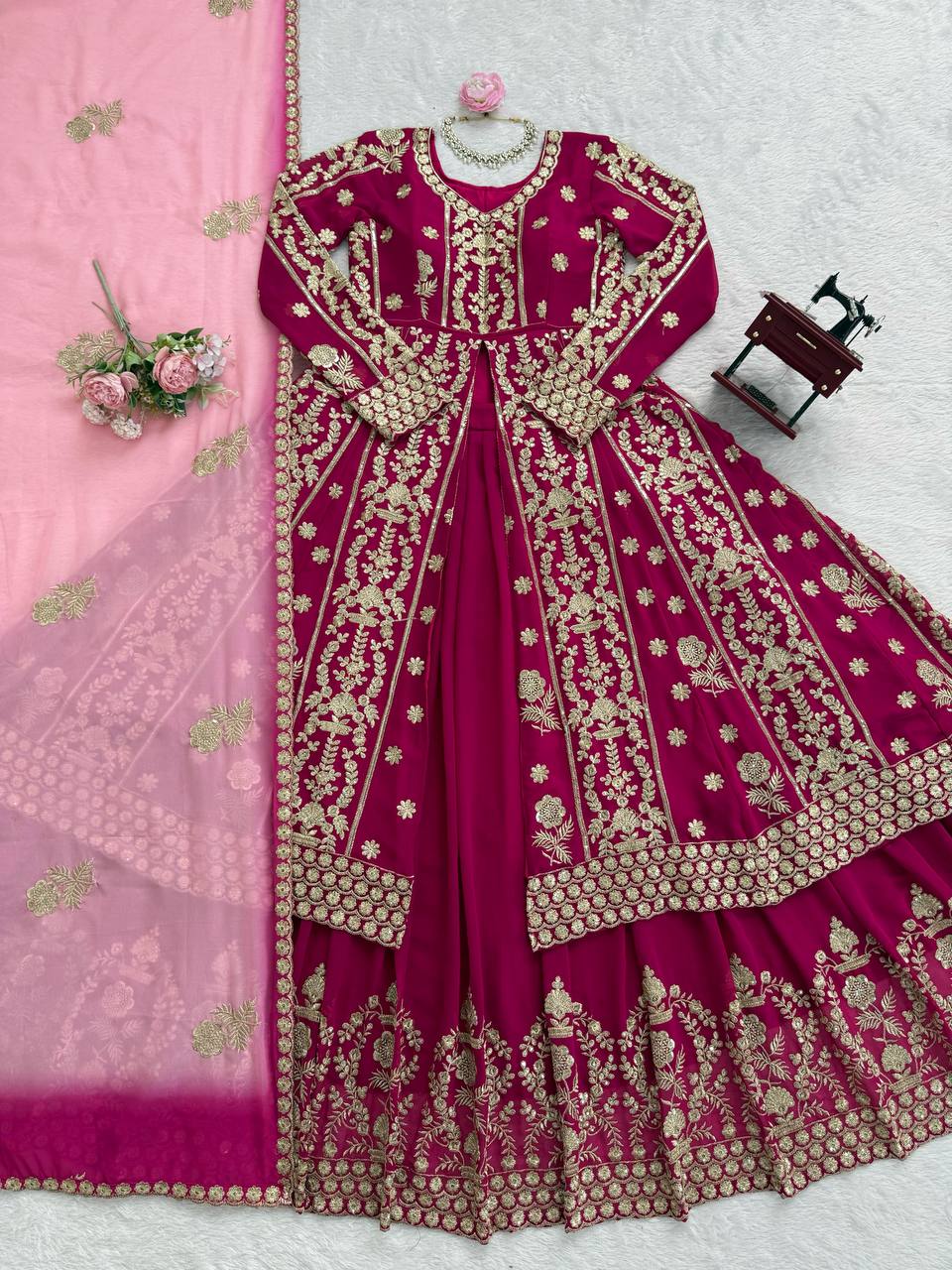 Prazu Fashion Maroon Georgette Thread Sequin Lehenga Style Suit - Distacart