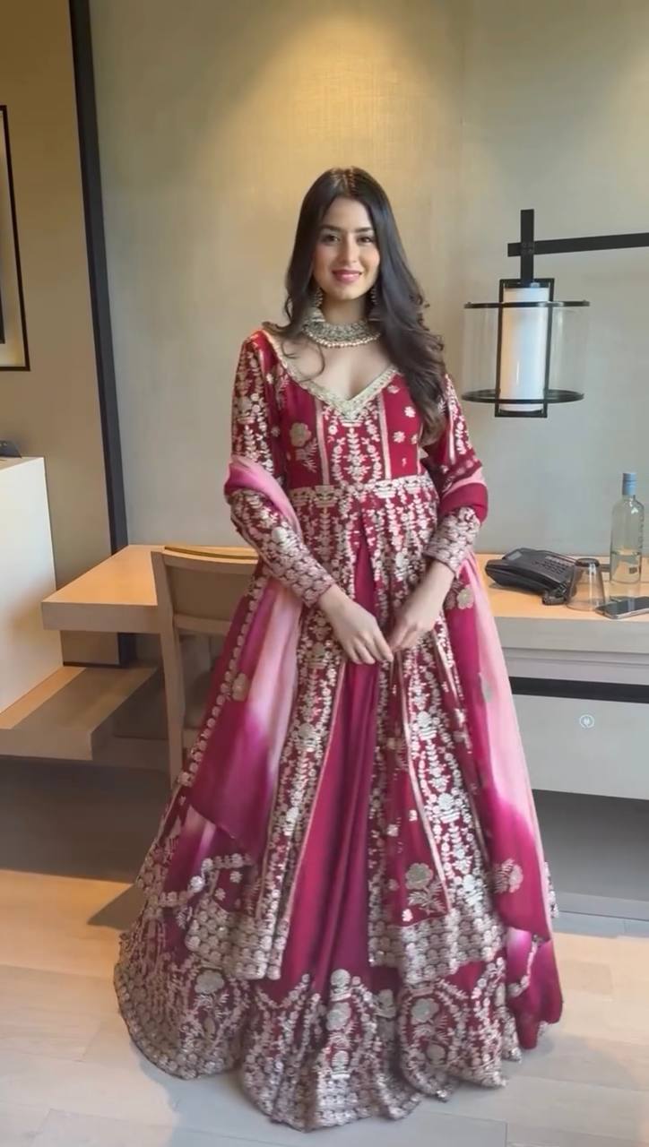 Prazu Fashion Maroon Georgette Thread Sequin Lehenga Style Suit - Distacart