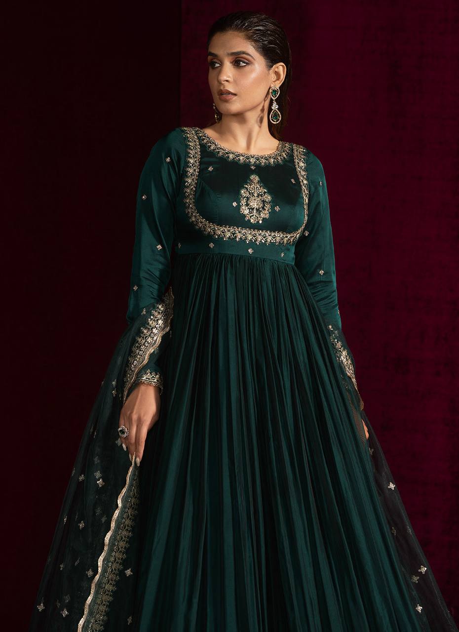 Prazu Fashion Teal Japan Satin Thread Sequence Anarkali Suit - Distacart