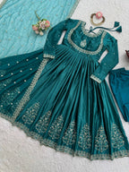 Prazu Fashion Teal Japan Satin Thread Sequence Anarkali Suit - Distacart