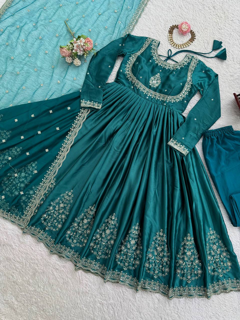 Prazu Fashion Teal Japan Satin Thread Sequence Anarkali Suit - Distacart
