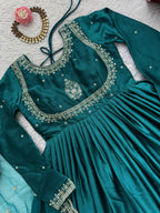 Prazu Fashion Teal Japan Satin Thread Sequence Anarkali Suit - Distacart