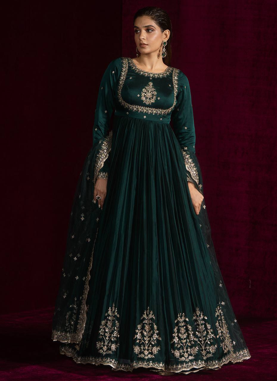 Prazu Fashion Teal Japan Satin Thread Sequence Anarkali Suit - Distacart