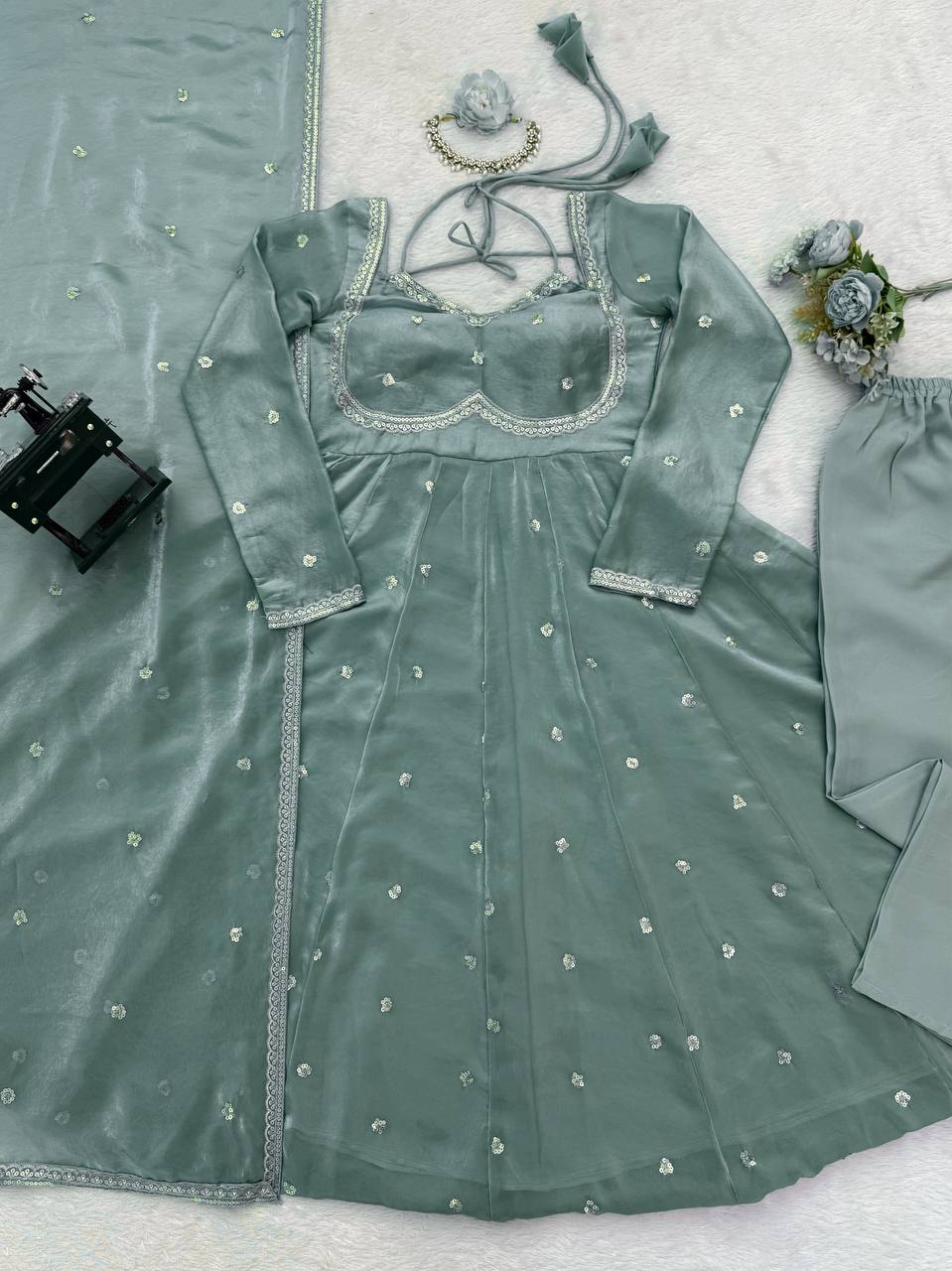 Prazu Fashion Dusty Mint Green Fendy Silk Thread Sequence Anarkali Suit - Distacart