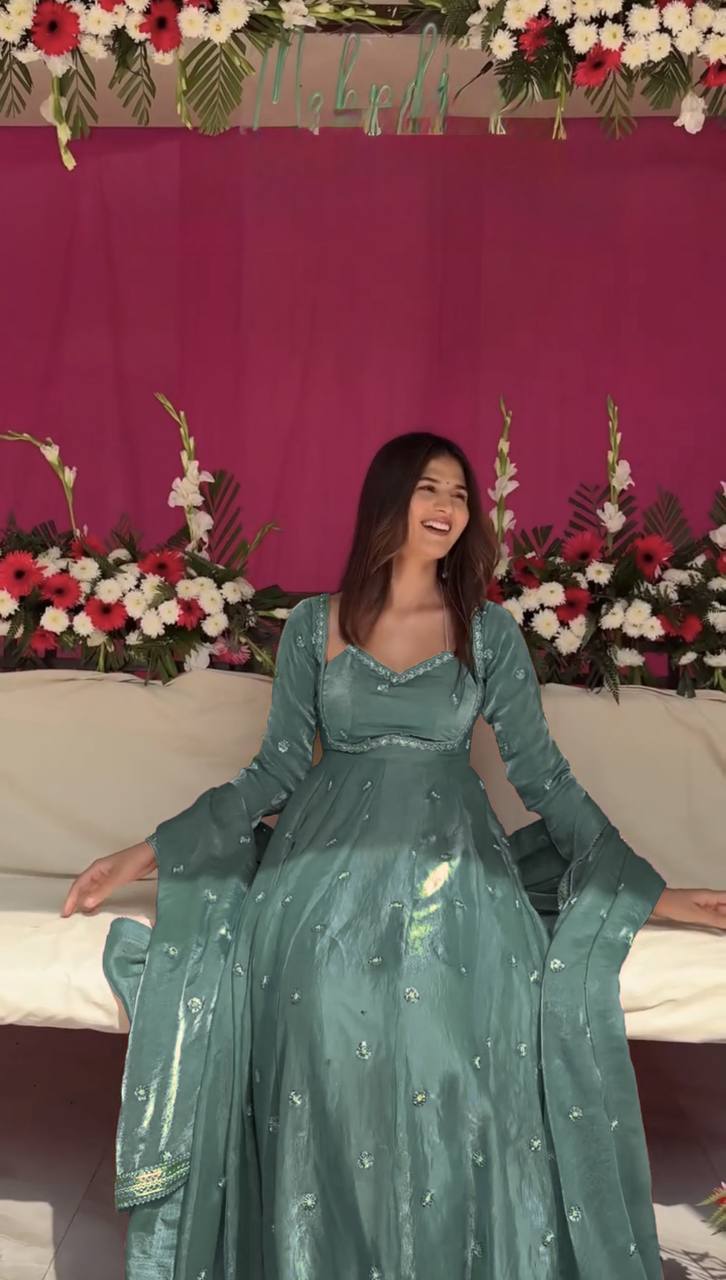 Prazu Fashion Dusty Mint Green Fendy Silk Thread Sequence Anarkali Suit - Distacart