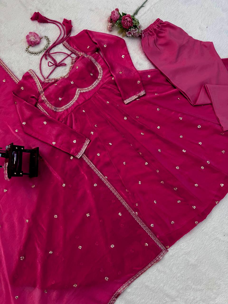 Prazu Fashion Pink Fendy Silk Thread Sequence Anarkali Suit - Distacart