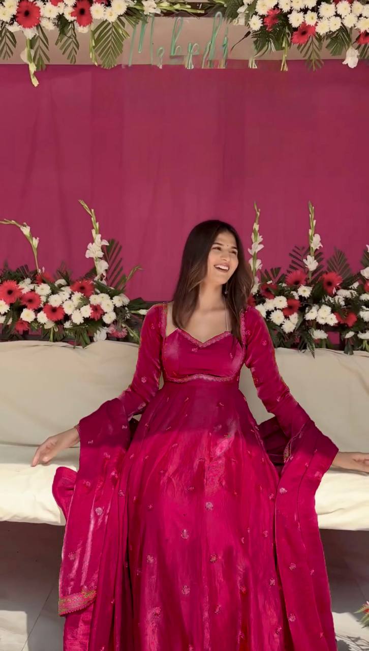 Prazu Fashion Pink Fendy Silk Thread Sequence Anarkali Suit - Distacart