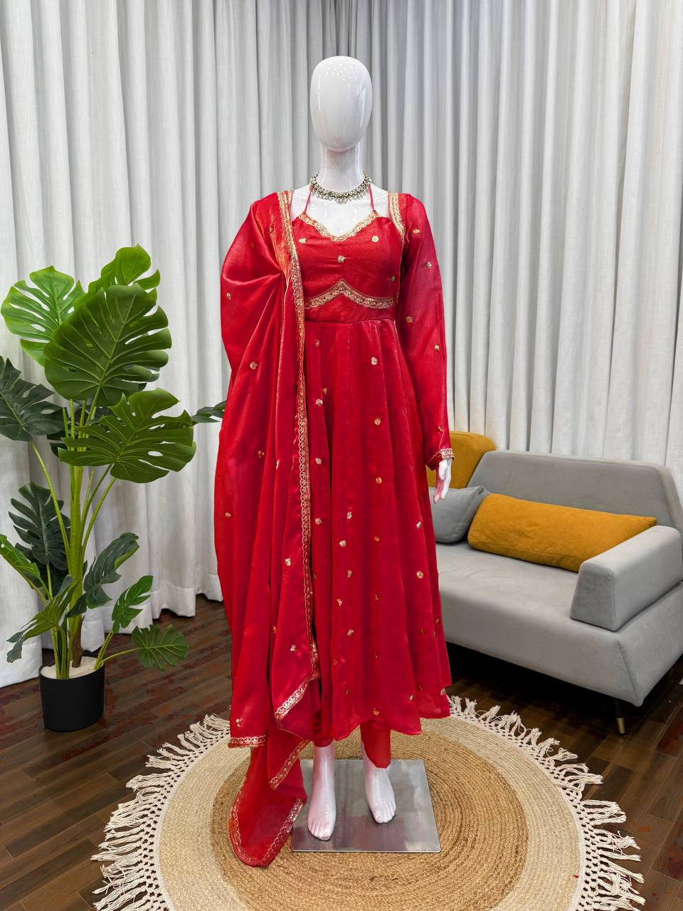 Prazu Fashion Red Fendy Silk Thread Sequence Anarkali Suit - Distacart
