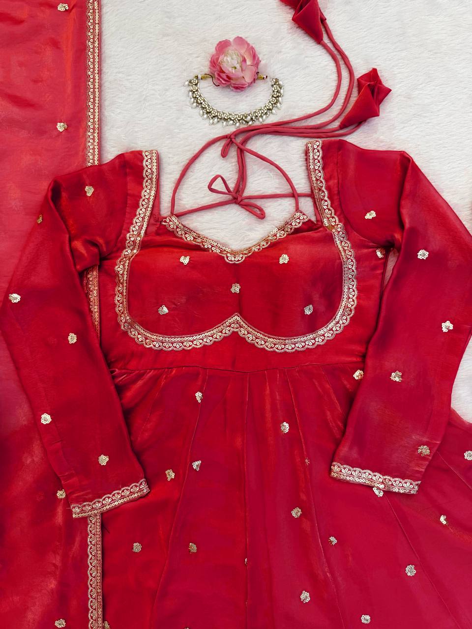 Prazu Fashion Red Fendy Silk Thread Sequence Anarkali Suit - Distacart