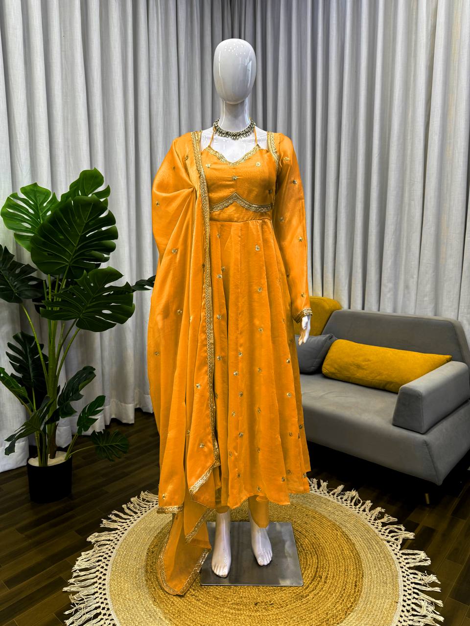 Prazu Fashion Yellow Fendy Silk Thread Sequence Anarkali Suit - Distacart