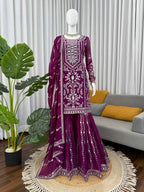Prazu Fashion Purple Georgette Thread Sequence Sharara Suit - Distacart