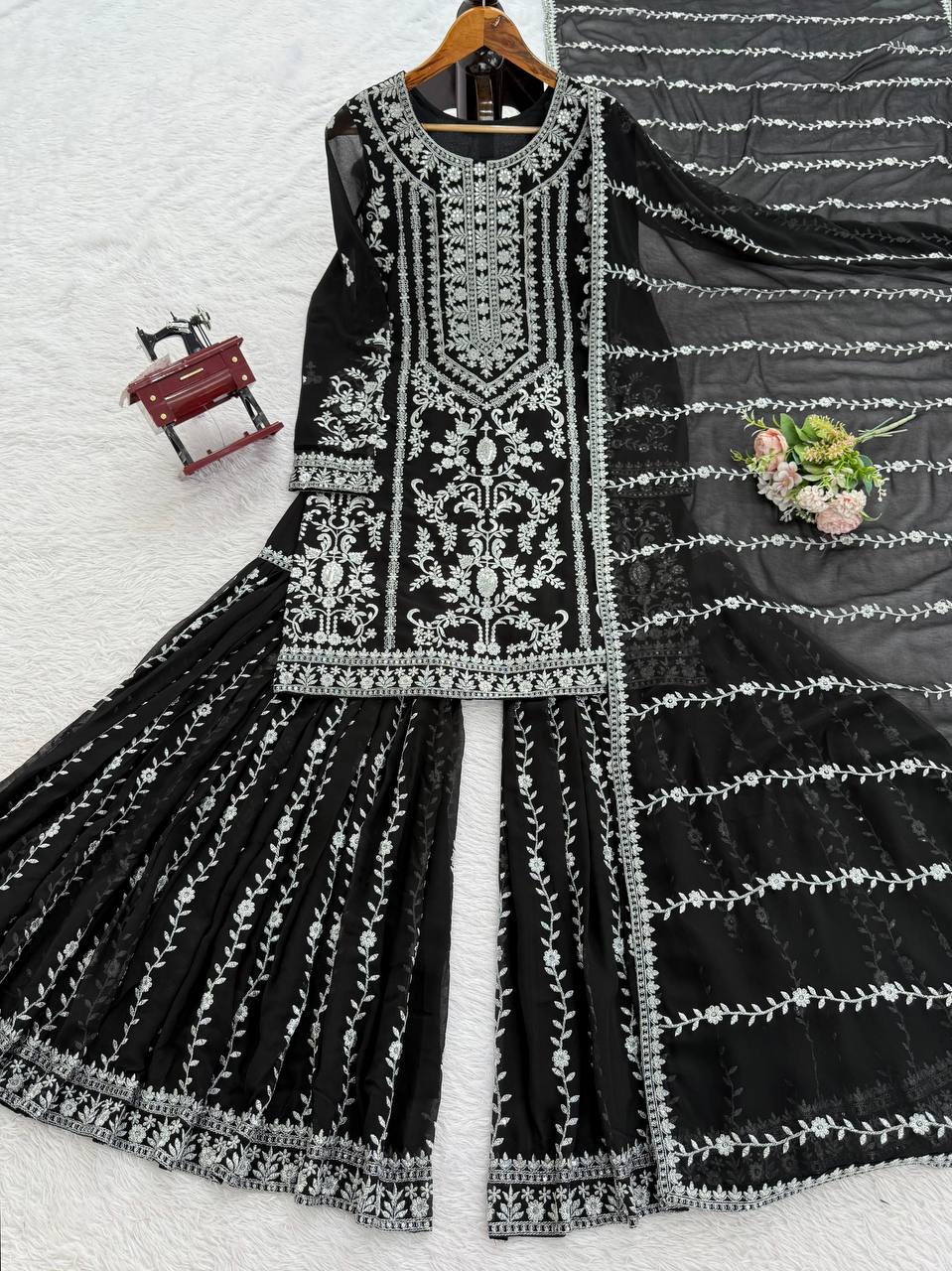 Prazu Fashion Black Georgette Thread Sequence Sharara Suit - Distacart