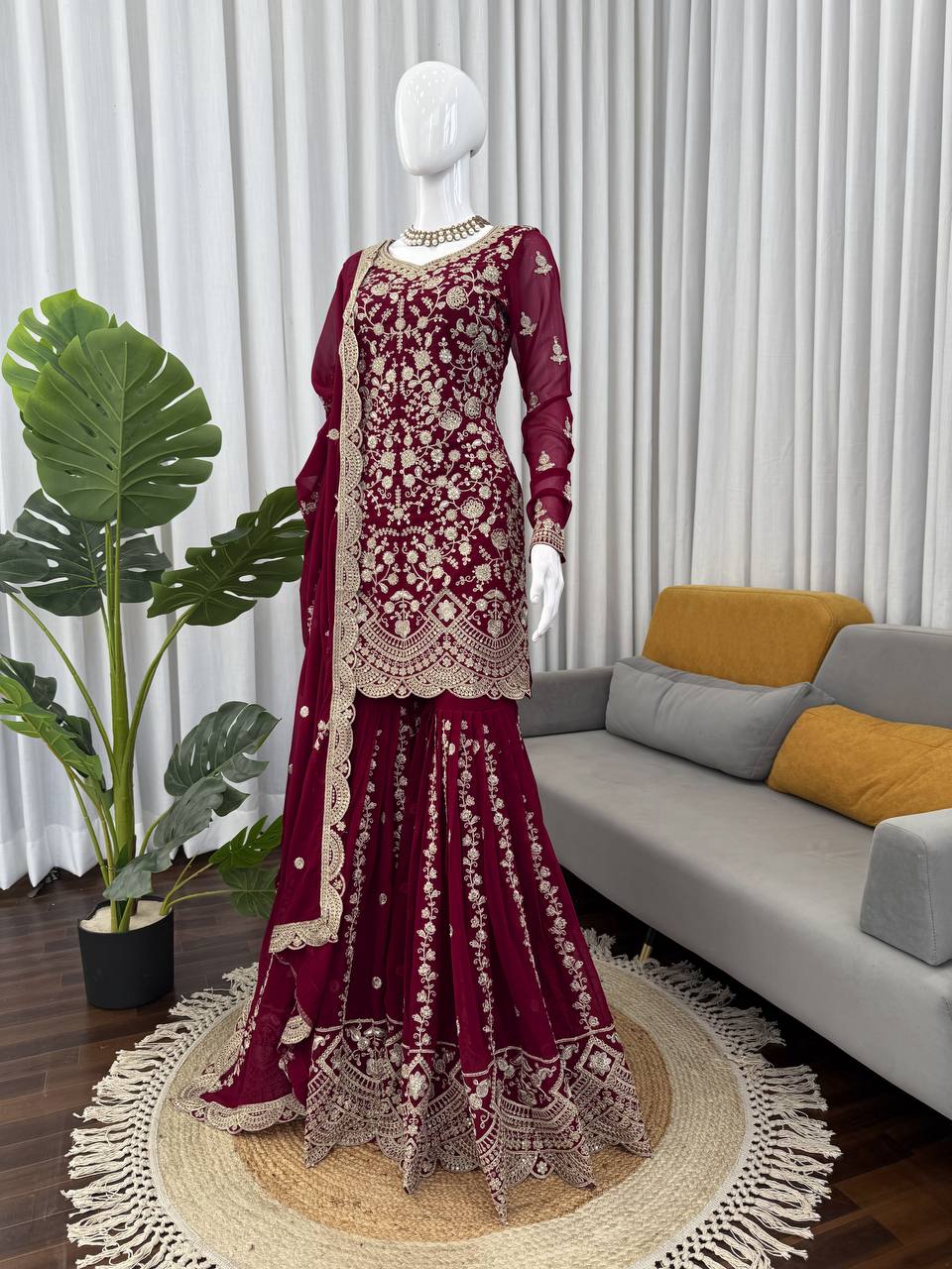 Prazu Fashion Wine Georgette Thread Sequence Sharara Suit - Distacart