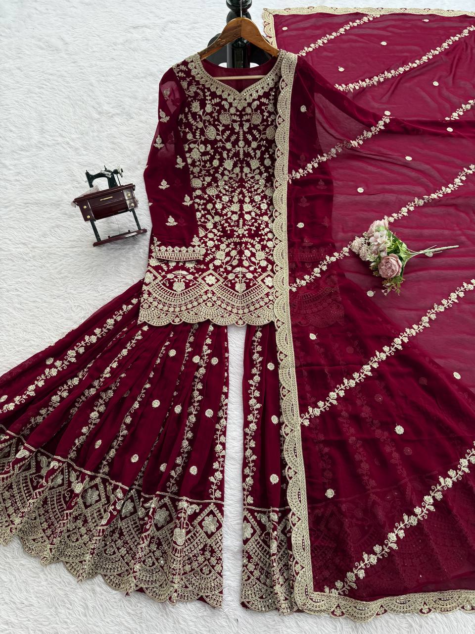 Prazu Fashion Wine Georgette Thread Sequence Sharara Suit - Distacart