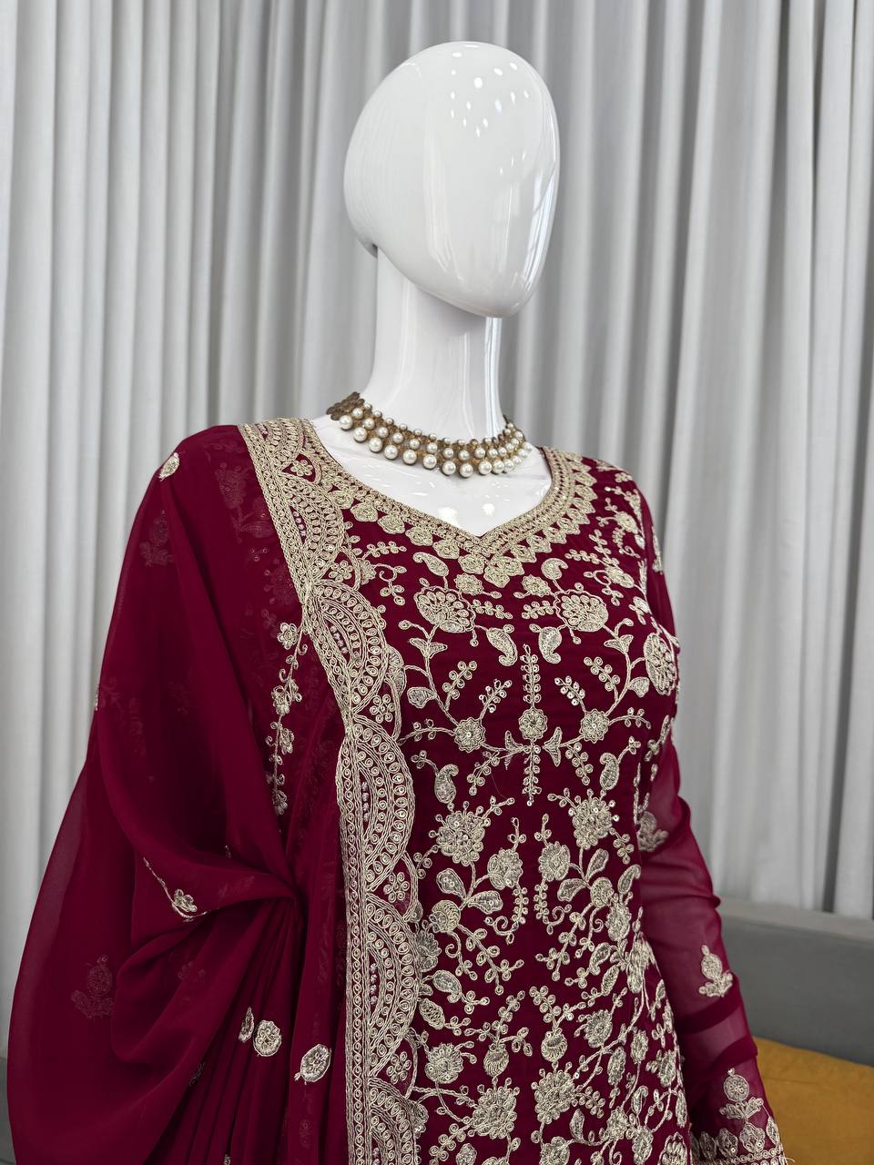 Prazu Fashion Wine Georgette Thread Sequence Sharara Suit - Distacart
