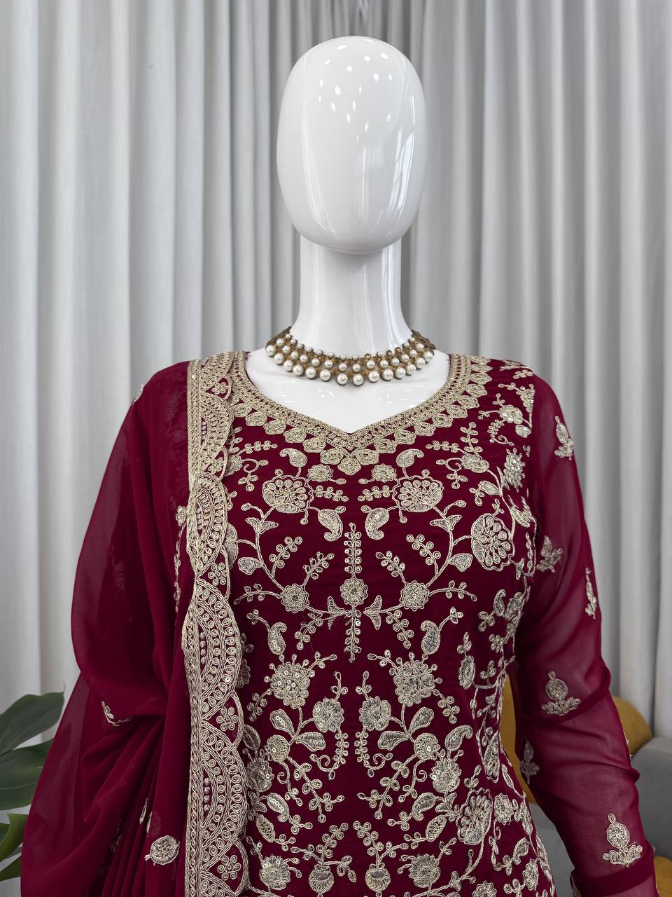 Prazu Fashion Wine Georgette Thread Sequence Sharara Suit - Distacart