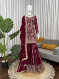 Prazu Fashion Wine Georgette Thread Sequence Sharara Suit - Distacart