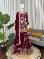 Prazu Fashion Wine Georgette Thread Sequence Sharara Suit - Distacart
