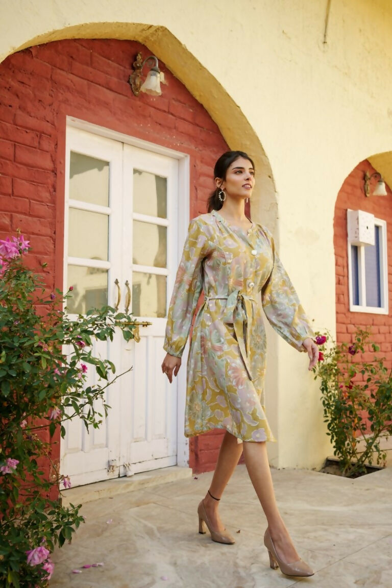 Vaasva Women Green Muslin Floral Printed Knee Length Dress - Distacart