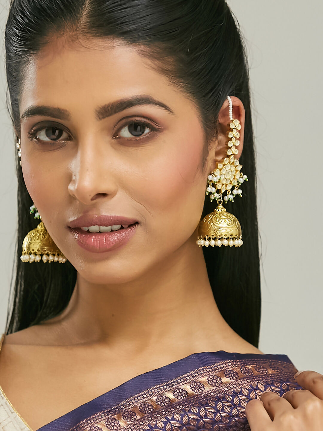 Nuyug 22K Gold-Plated Floral Jhumki Kundan Studded Kanauti Earrings - Distacart