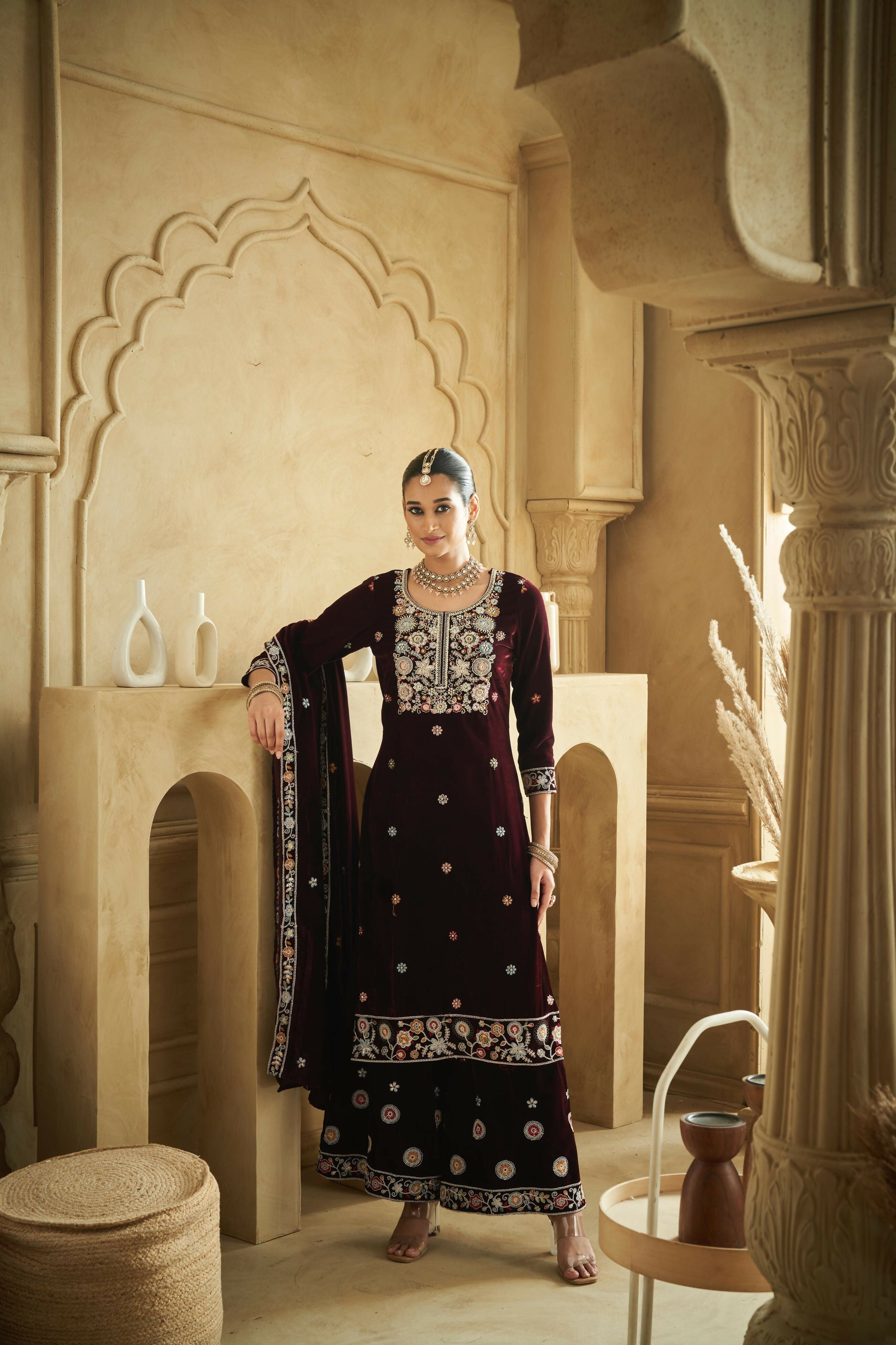 Anaita Purple Embroidered Work Velvet Stitched Plazo Suit - Distacart